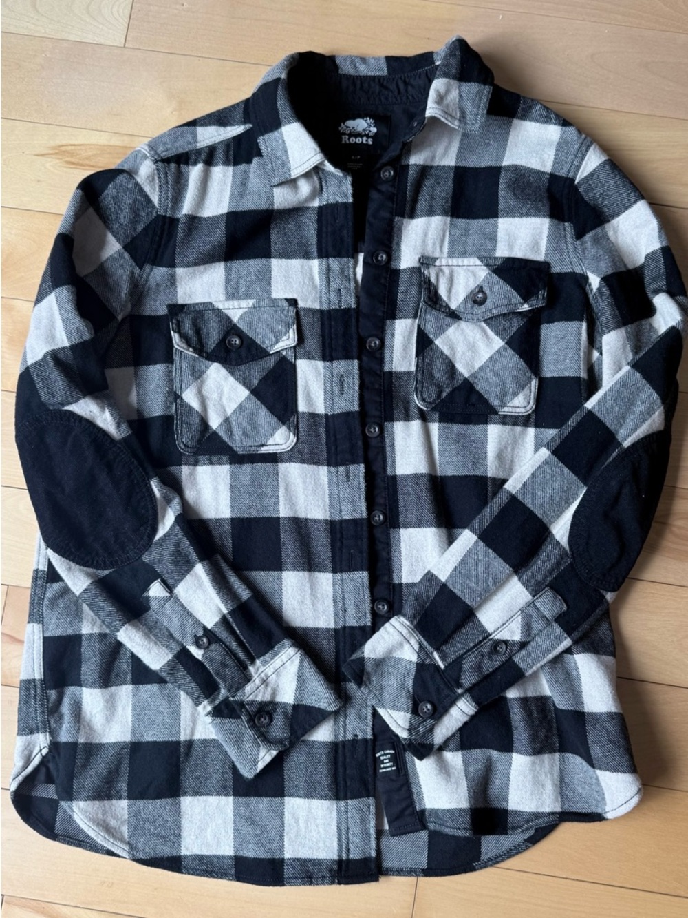 Roots Black and Cream Buffalo Check Overshirt with Elbow Patches - Picture 2 of 2